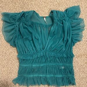 Free People Teal Ruffle Blouse